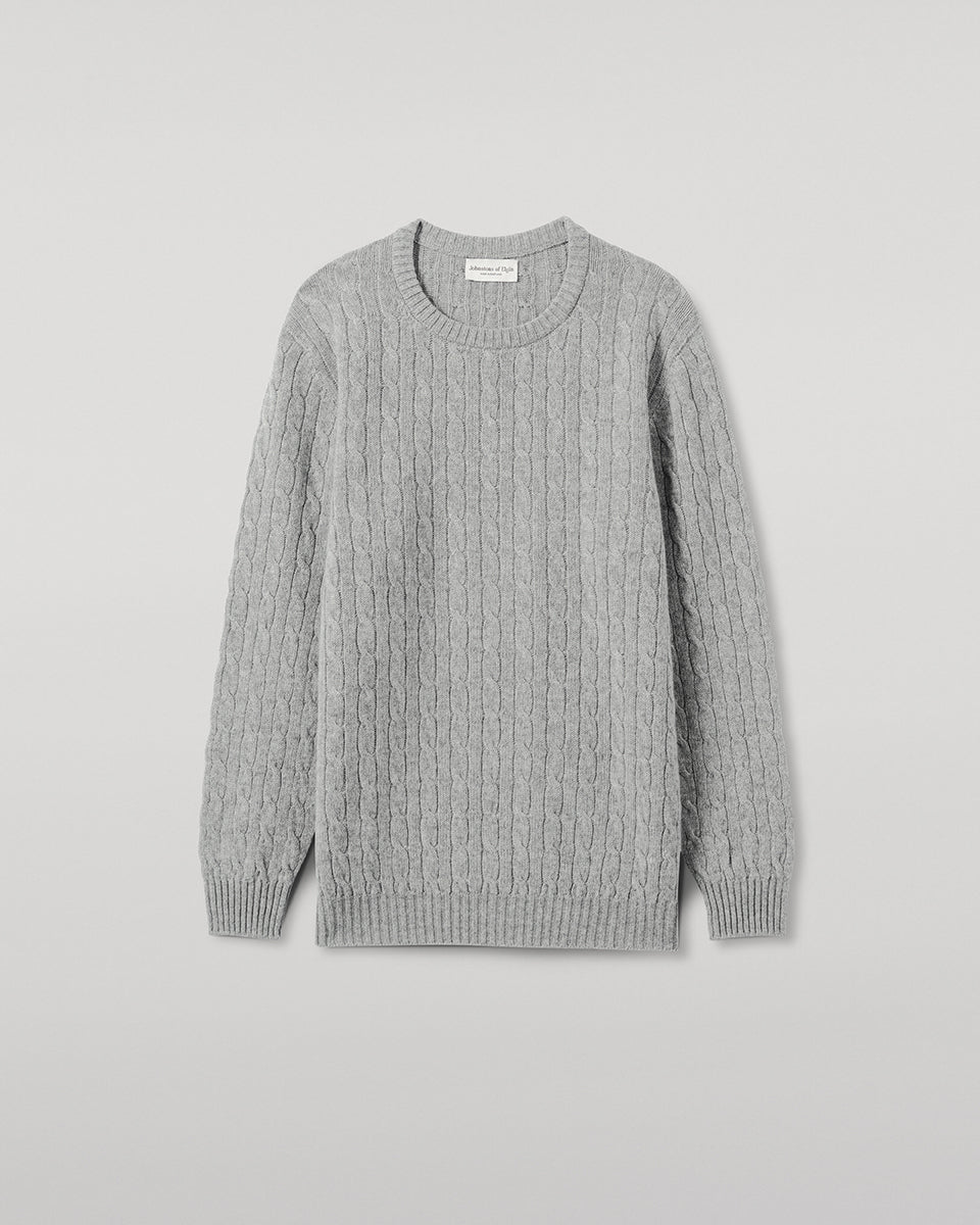 Johnstons of Elgin AW25 Men's Knitwear Light Grey Cable Knit Grey Cashmere Jumper Details KAI05693HA0308
