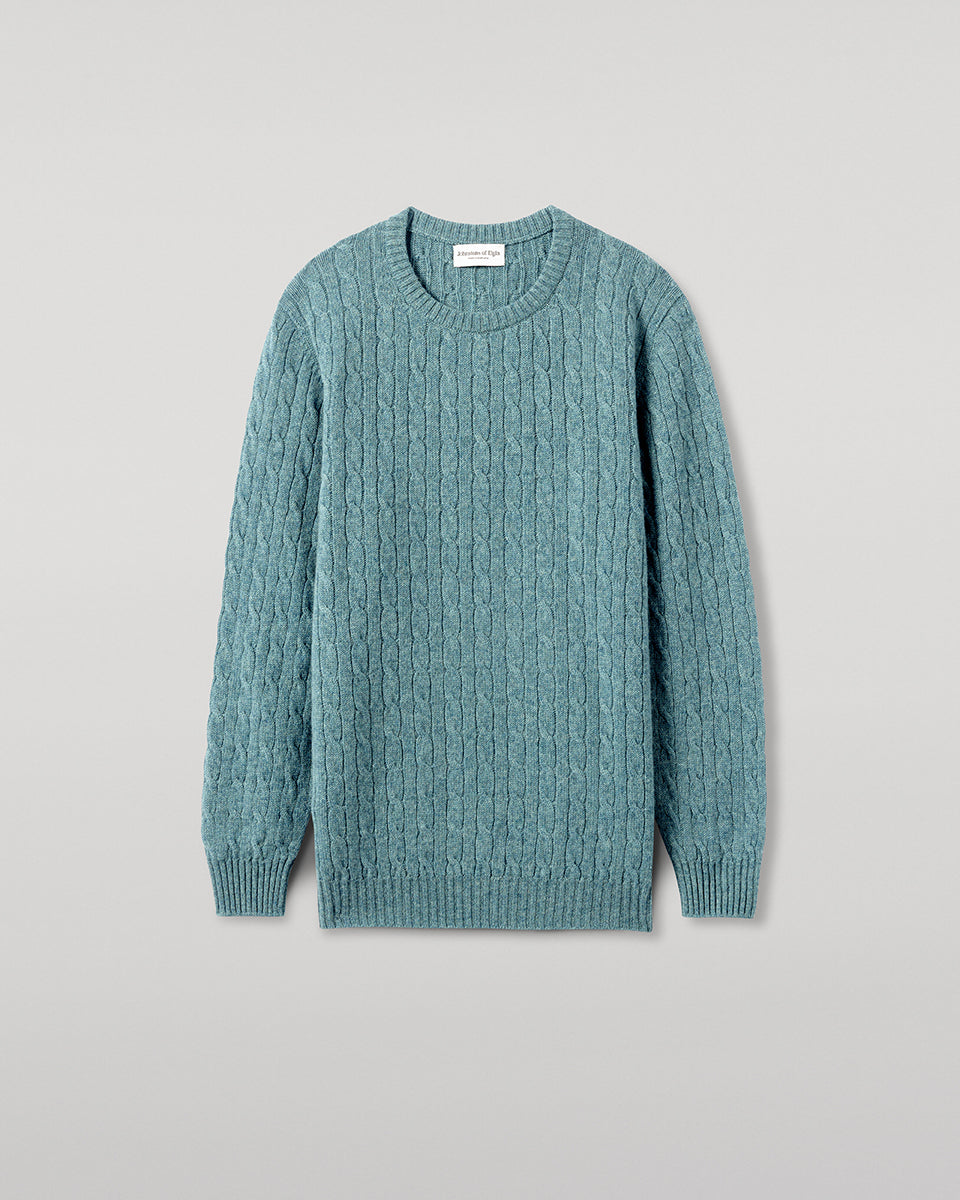 Johnstons of Elgin AW25 Men's Knitwear Seascape Cable Knit Green Cashmere Jumper Details KAI05693HC0038