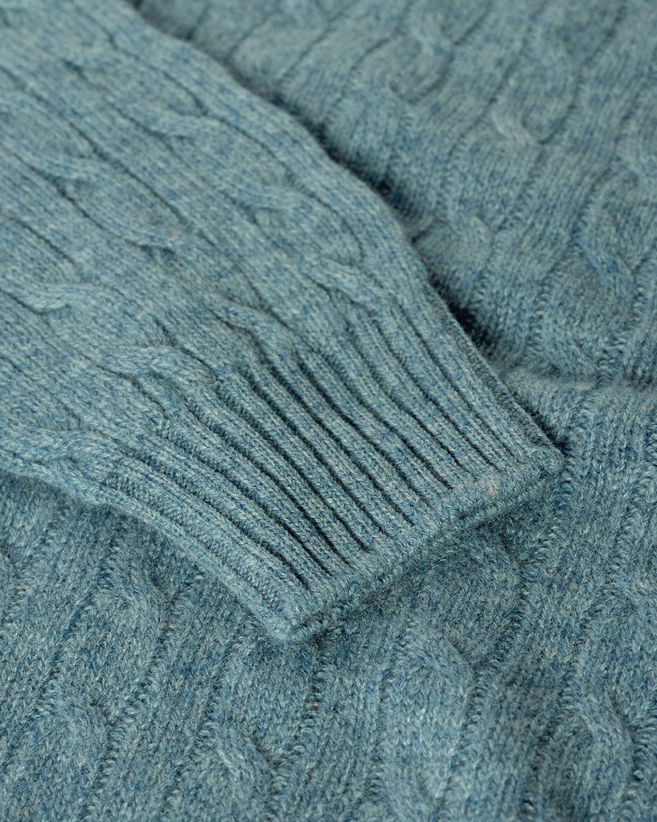 Johnstons of Elgin AW25 Men's Knitwear Seascape Cable Knit Green Cashmere Jumper Details KAI05693HC0038