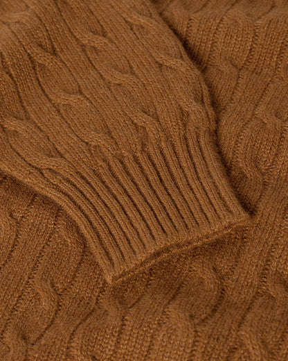 Johnstons of Elgin AW25 Men's Knitwear Dark Camel Cable Knit Camel Cashmere Jumper Details KAI05693SB4620