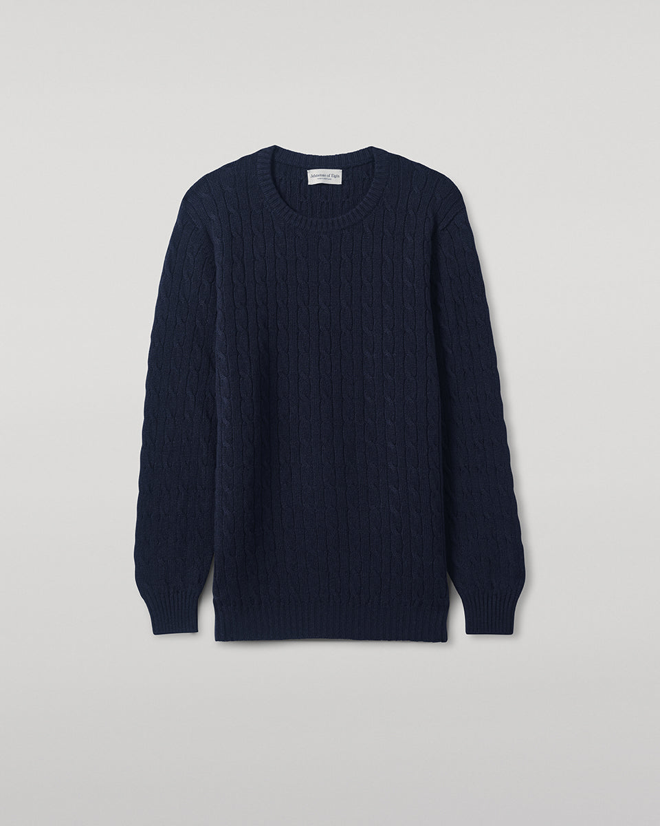 Johnstons of Elgin AW25 Men's Knitwear Dark Navy Cable Knit Navy Cashmere Jumper Close Up KAI05693SD7666