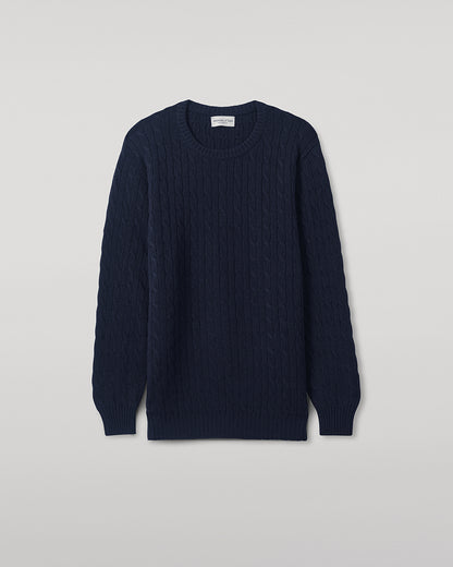 Johnstons of Elgin AW25 Men's Knitwear Dark Navy Cable Knit Navy Cashmere Jumper Close Up KAI05693SD7666