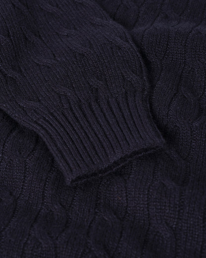 Johnstons of Elgin AW25 Men's Knitwear Dark Navy Cable Knit Navy Cashmere Jumper Close Up KAI05693SD7666