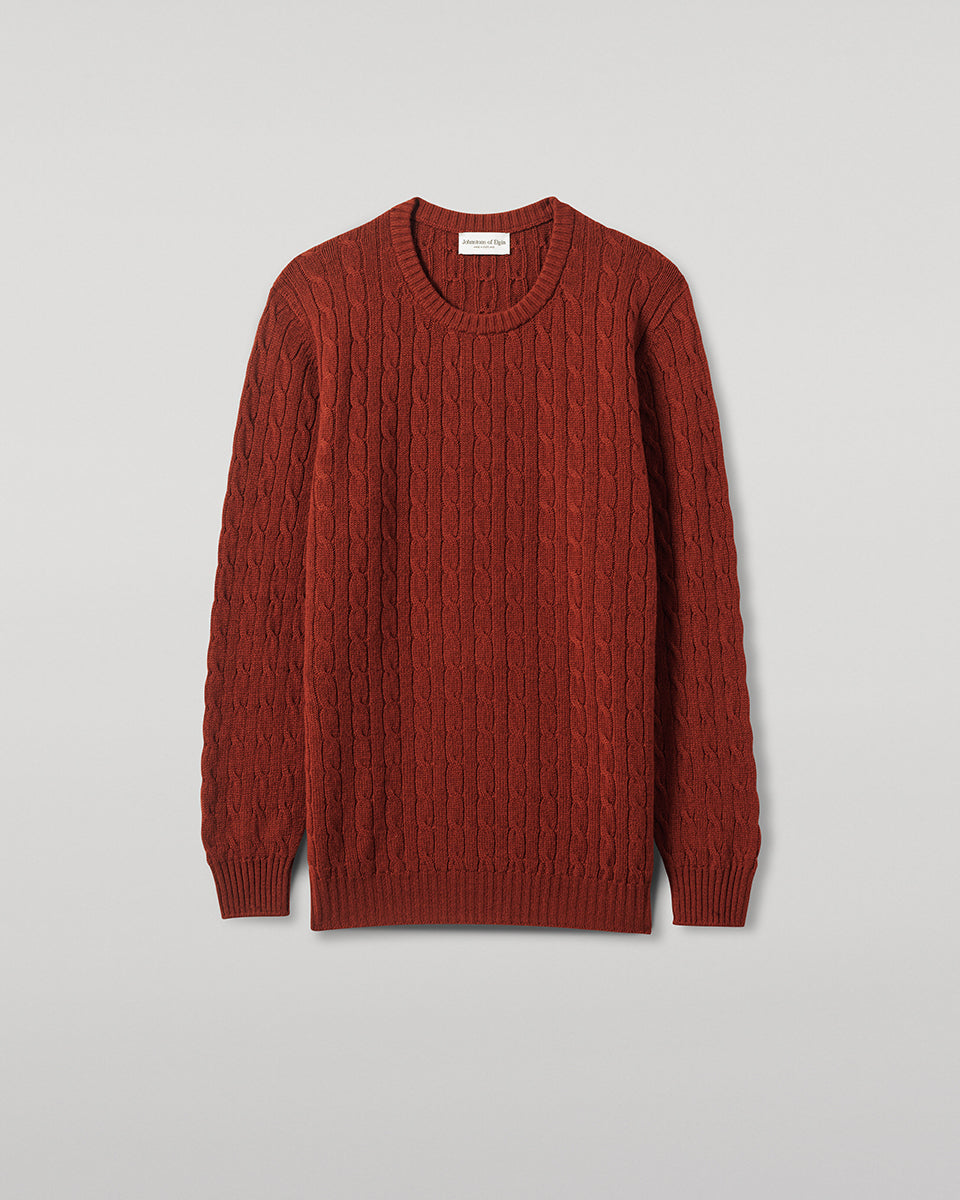 Johnstons of Elgin AW25 Men's Knitwear Oxblood Cable Knit Red Cashmere Jumper details KAI05693SG4463