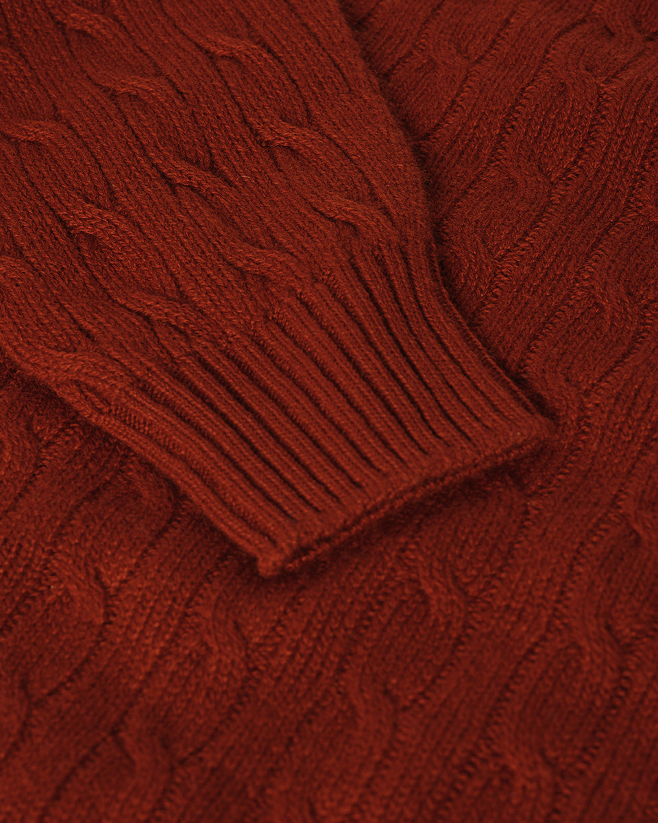 Johnstons of Elgin AW25 Men's Knitwear Oxblood Cable Knit Red Cashmere Jumper details KAI05693SG4463