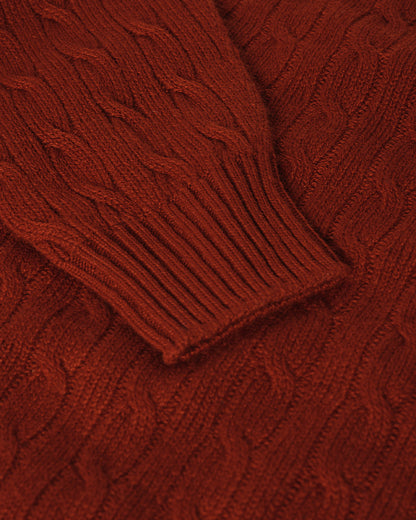 Johnstons of Elgin AW25 Men's Knitwear Oxblood Cable Knit Red Cashmere Jumper details KAI05693SG4463