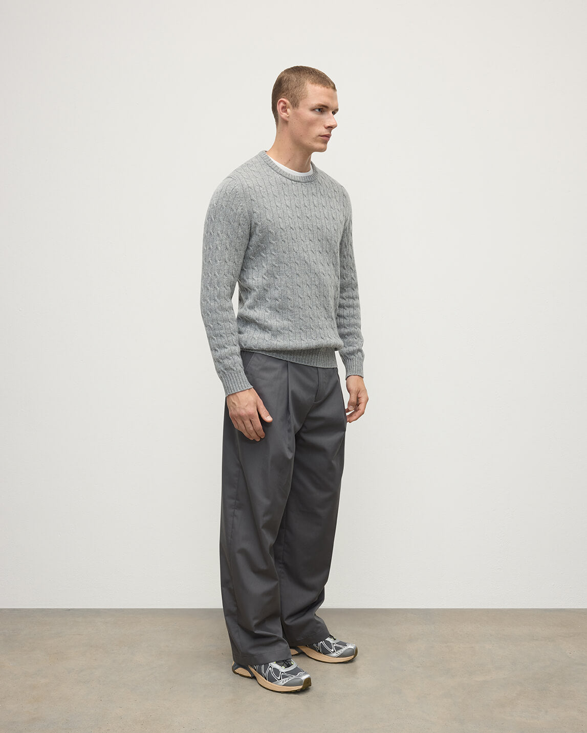thehighlights ‘knit’ ensemble gray Light Grey Cable Knit Cashmere Jumper | Luxury Scottish Knitwear