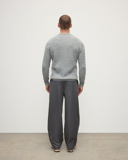 Model wears Johnstons of Elgin AW25 Men's Knitwear Light Grey Cable Knit Grey Cashmere Jumper Back KAI05693HA0308
