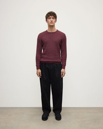 Model wears Johnstons of Elgin AW25 Men's Knitwear Damson Cable Knit Cashmere Jumper Front  KAI05693HE7064