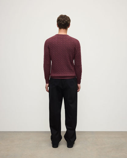 Model wears Johnstons of Elgin AW25 Men's Knitwear Damson Cable Knit Cashmere Jumper back   KAI05693HE7064