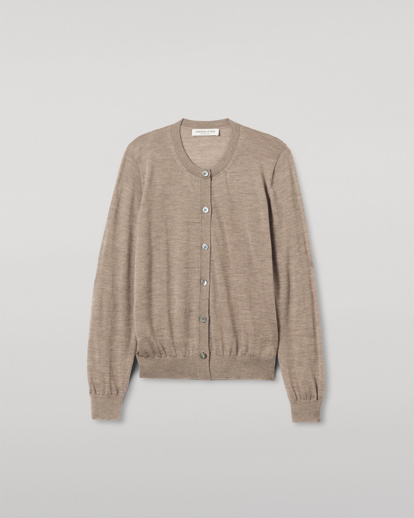 JOHNSTONS OF ELGIN WOMENS HONOR CREW CARDIGAN LIGHT BROWN 100% SUPERFINE CASHMERE KAI05708HB0273