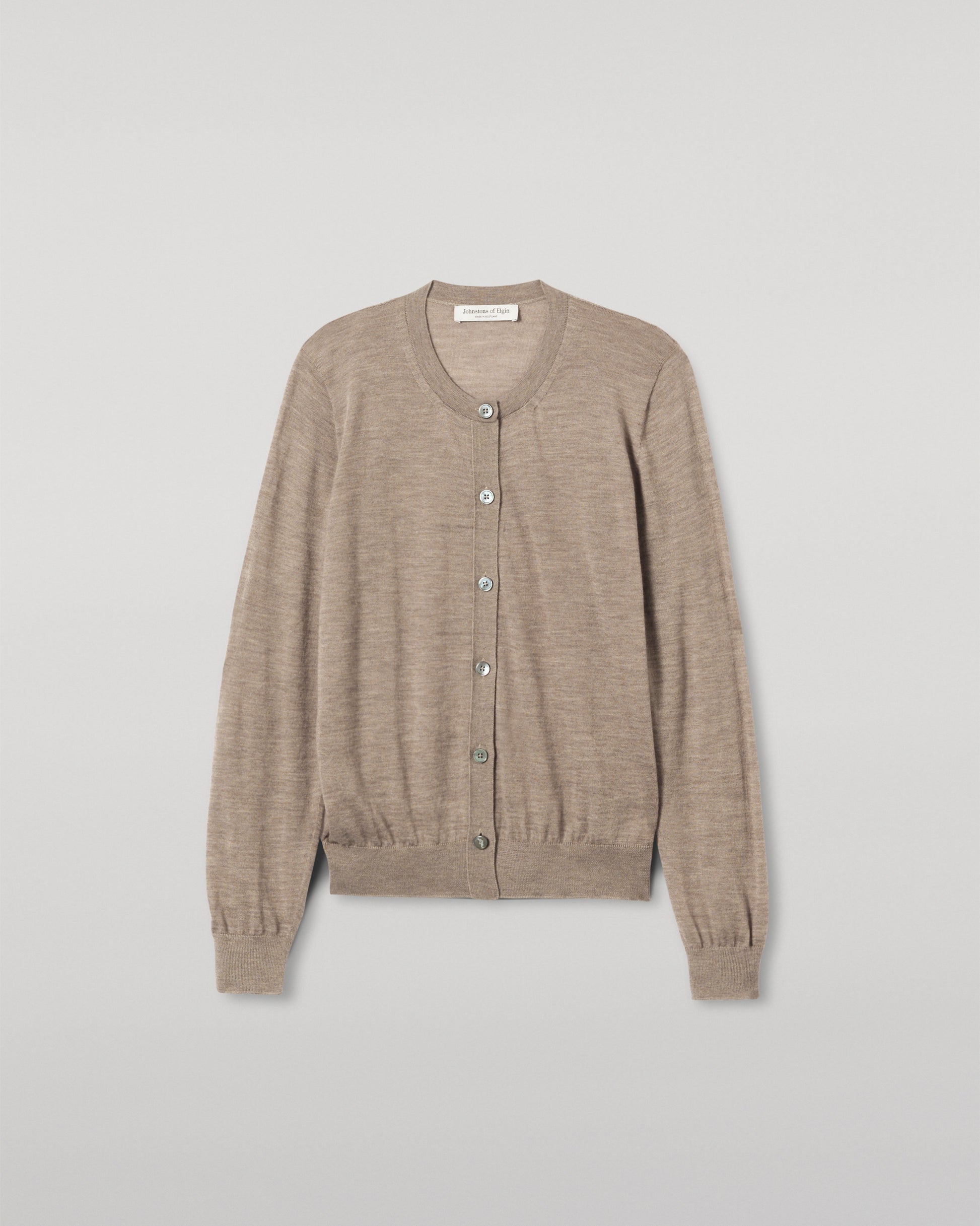 JOHNSTONS OF ELGIN WOMENS HONOR CREW CARDIGAN LIGHT BROWN 100% SUPERFINE CASHMERE KAI05708HB0273