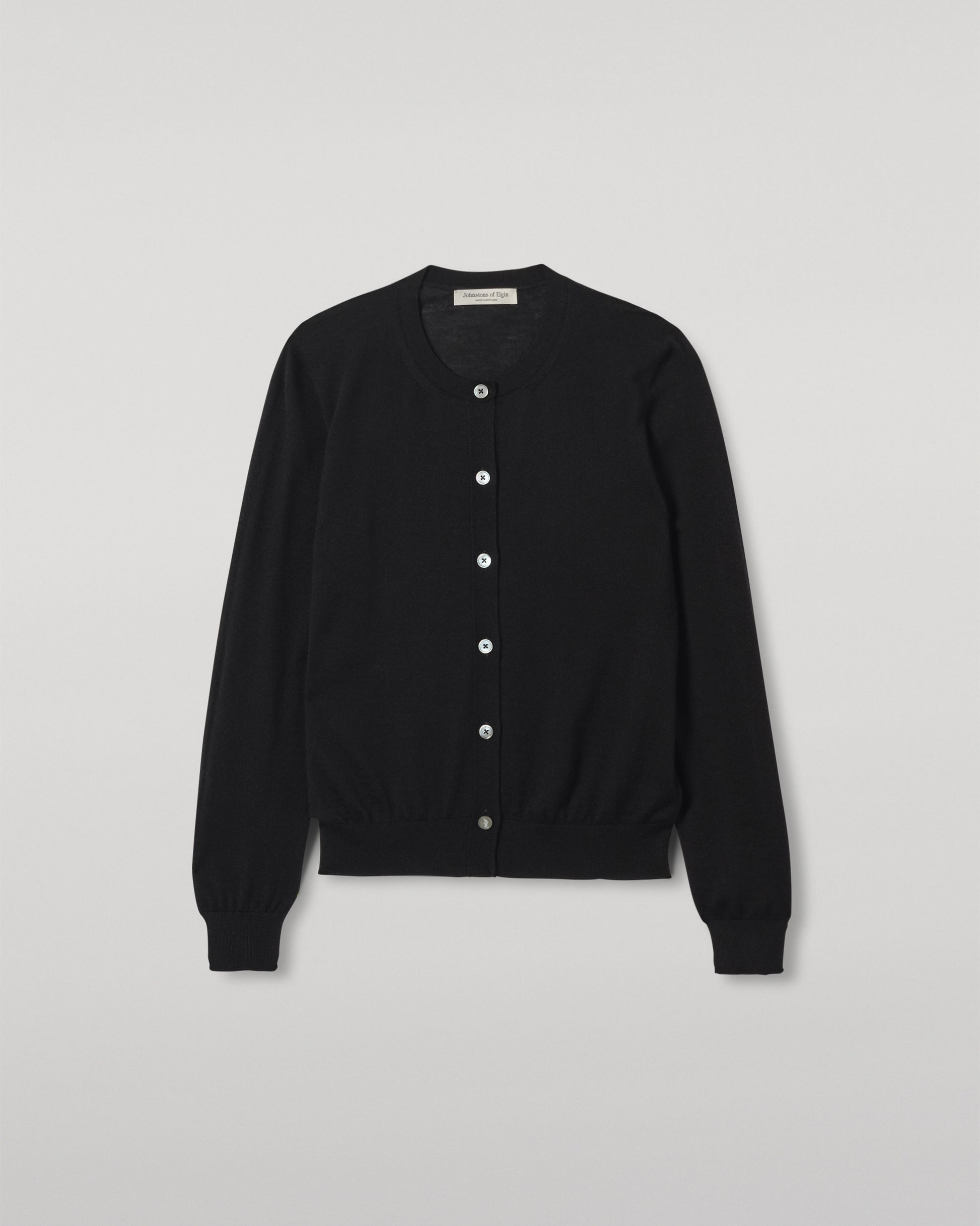 JOHNSTONS OF ELGIN WOMENS HONOR CREW CARDIGAN BLACK 100% SUPERFINE CASHMERE KAI05708SA7146