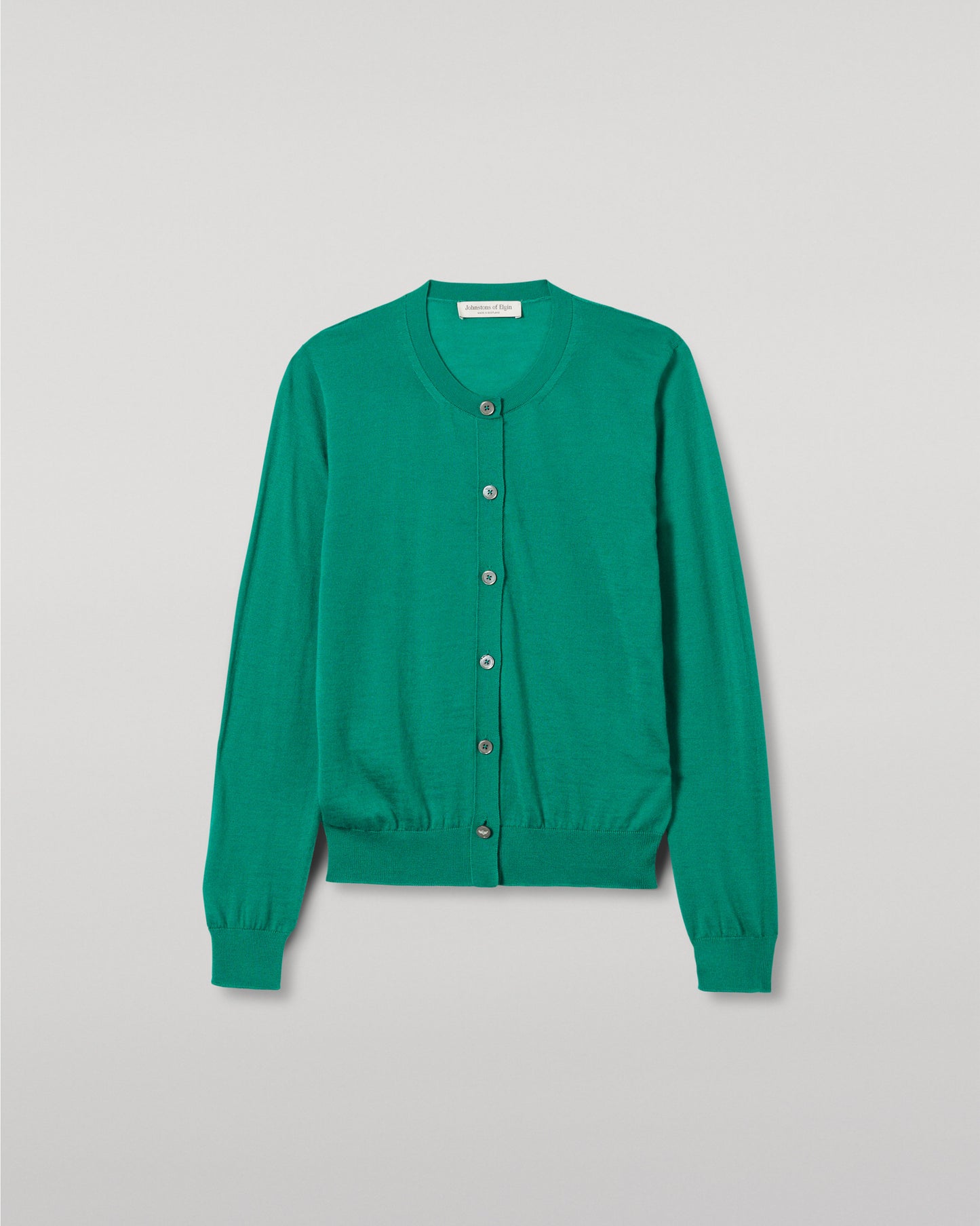 JOHNSTONS OF ELGIN WOMENS HONOR CREW CARDIGAN GREEN 100% SUPERFINE CASHMERE KAI05708SC4714