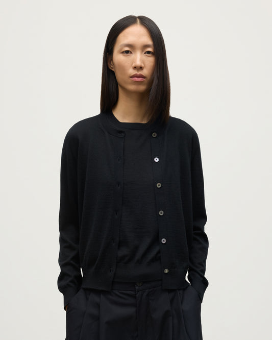 MODEL WEARING JOHNSTONS OF ELGIN WOMENS HONOR CREW CARDIGAN BLACK 100% SUPERFINE CASHMERE KAI05708SA7146