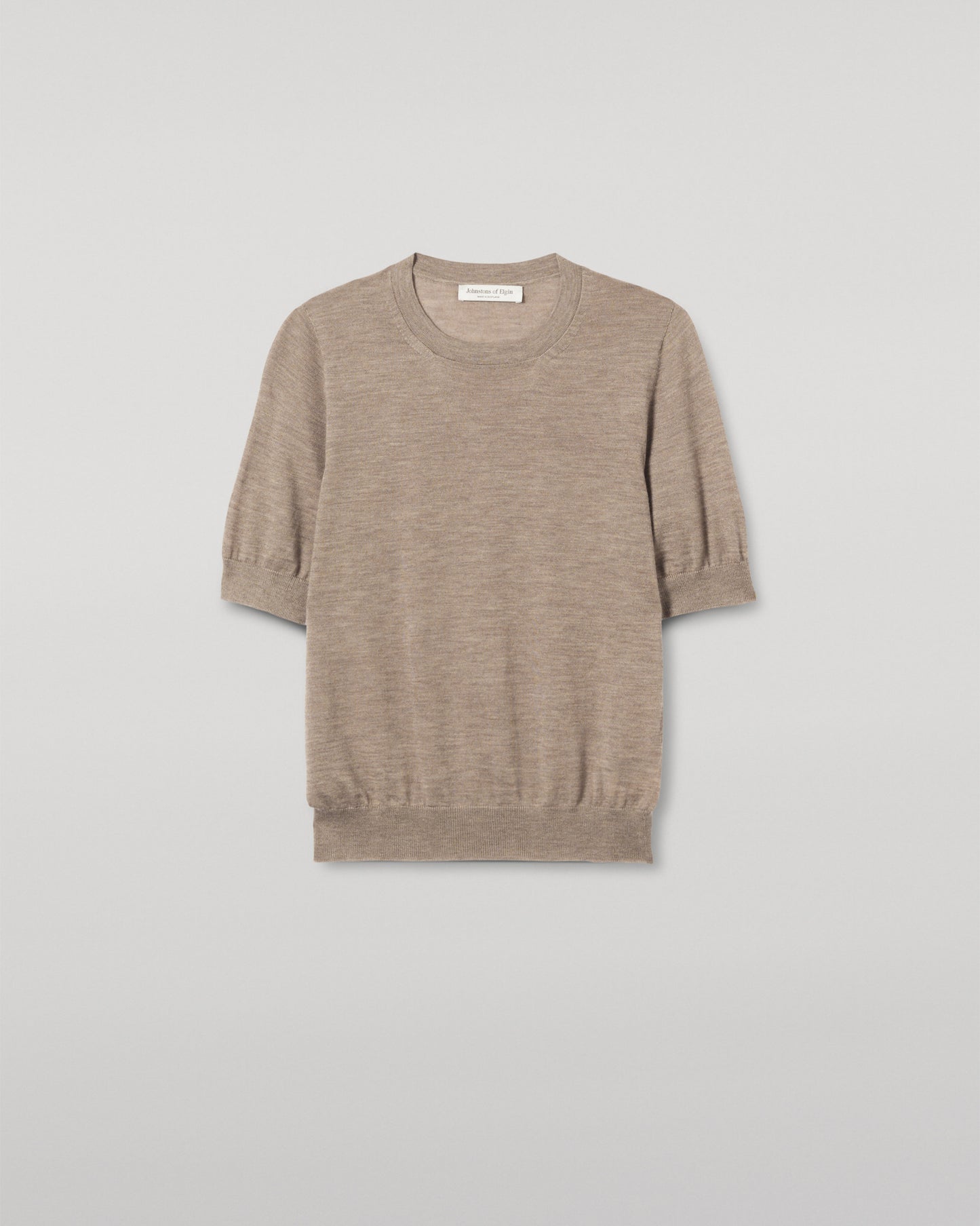 JOHNSTONS OF ELGIN WOMENS HONOR SHORT SLEEVE CREW LIGHT BROWN 100% SUPERFINE CASHMERE KAI05712HB0273