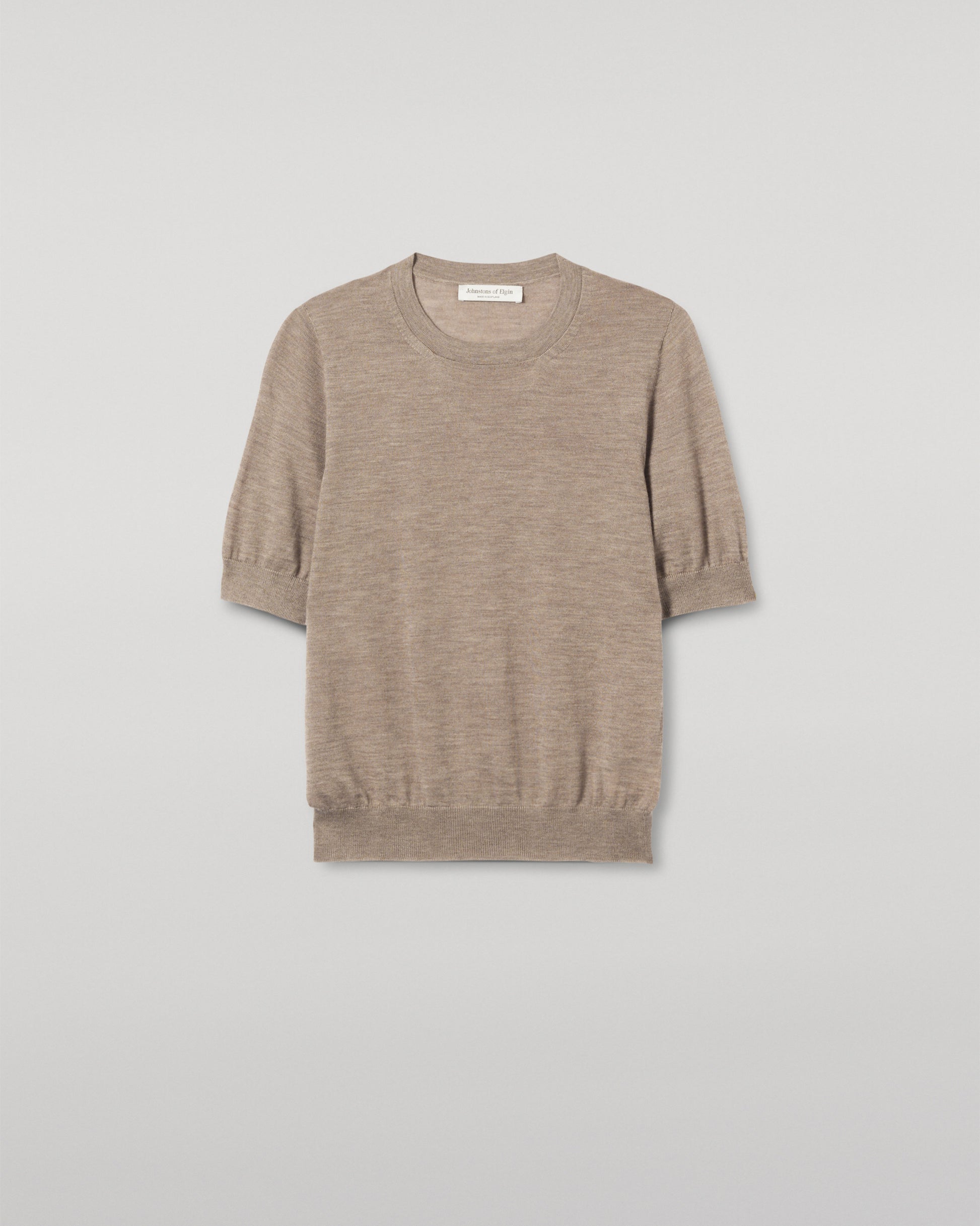 JOHNSTONS OF ELGIN WOMENS HONOR SHORT SLEEVE CREW LIGHT BROWN 100% SUPERFINE CASHMERE KAI05712HB0273