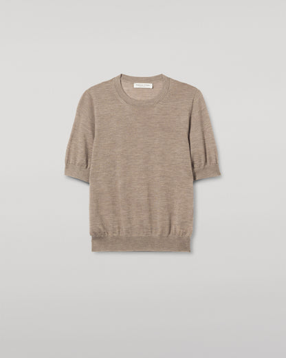 JOHNSTONS OF ELGIN WOMENS HONOR SHORT SLEEVE CREW LIGHT BROWN 100% SUPERFINE CASHMERE KAI05712HB0273