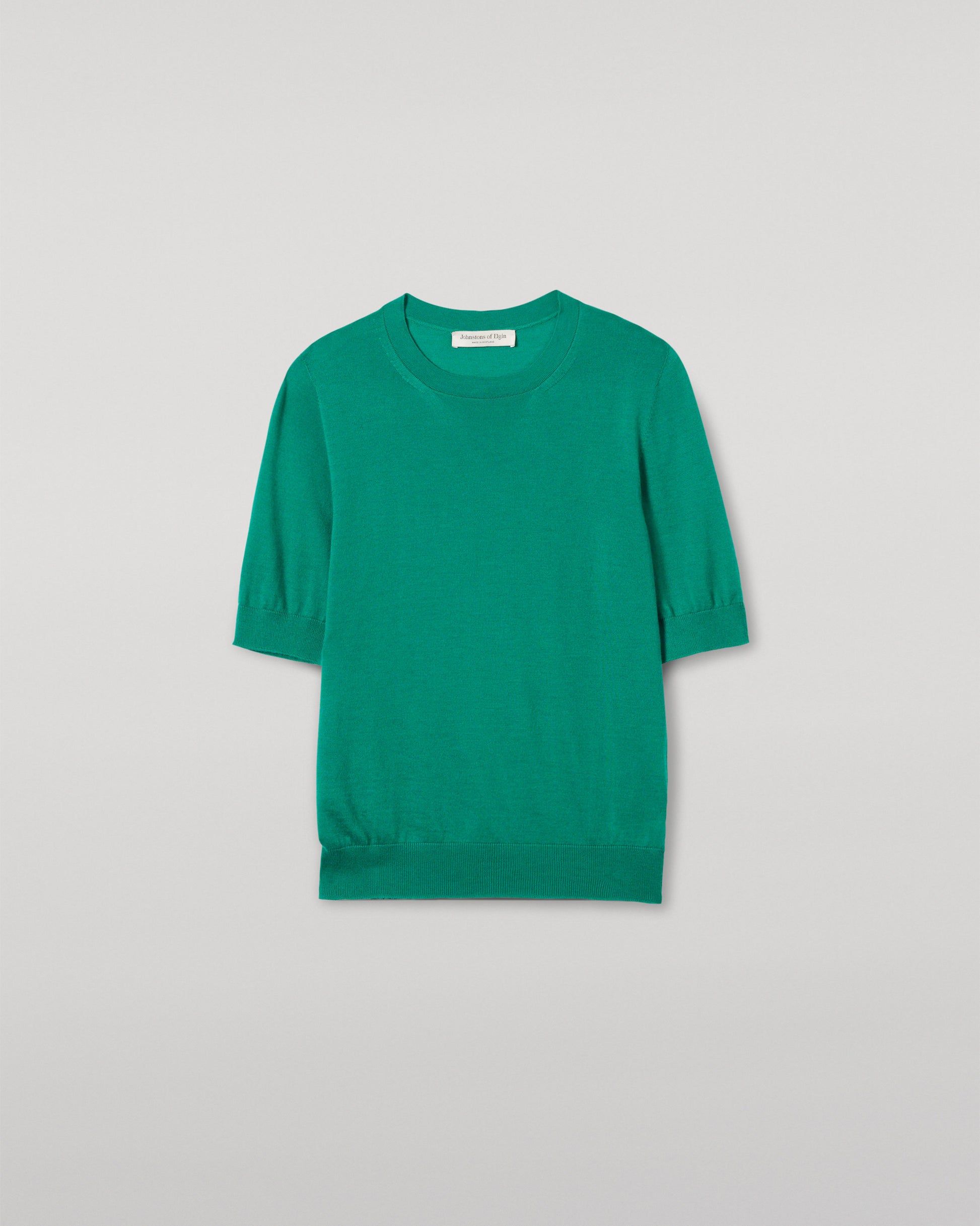 JOHNSTONS OF ELGIN WOMENS HONOR SHORT SLEEVE CREW GREEN 100% SUPERFINE CASHMERE KAI05712SC4714