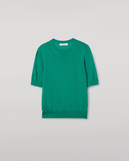 JOHNSTONS OF ELGIN WOMENS HONOR SHORT SLEEVE CREW GREEN 100% SUPERFINE CASHMERE KAI05712SC4714