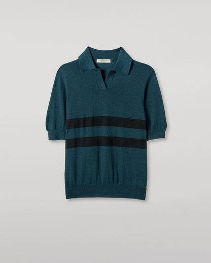 JOHNSTONS OF ELGIN WOMENS COIRA SHORT SLEEVE SHIRT GREEN & BLACK 100% SUPERFINE CASHMERE WITH CASHMERE STRIPE BLANKET IN GREEN AND GREY  KAI05714Q25997