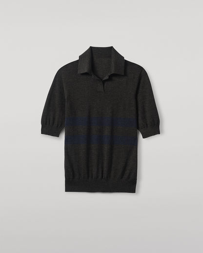 JOHNSTONS OF ELGIN WOMENS COIRA SHORT SLEEVE SHIRT GREY & NAVY 100% SUPERFINE CASHMERE KAI05714Q25955