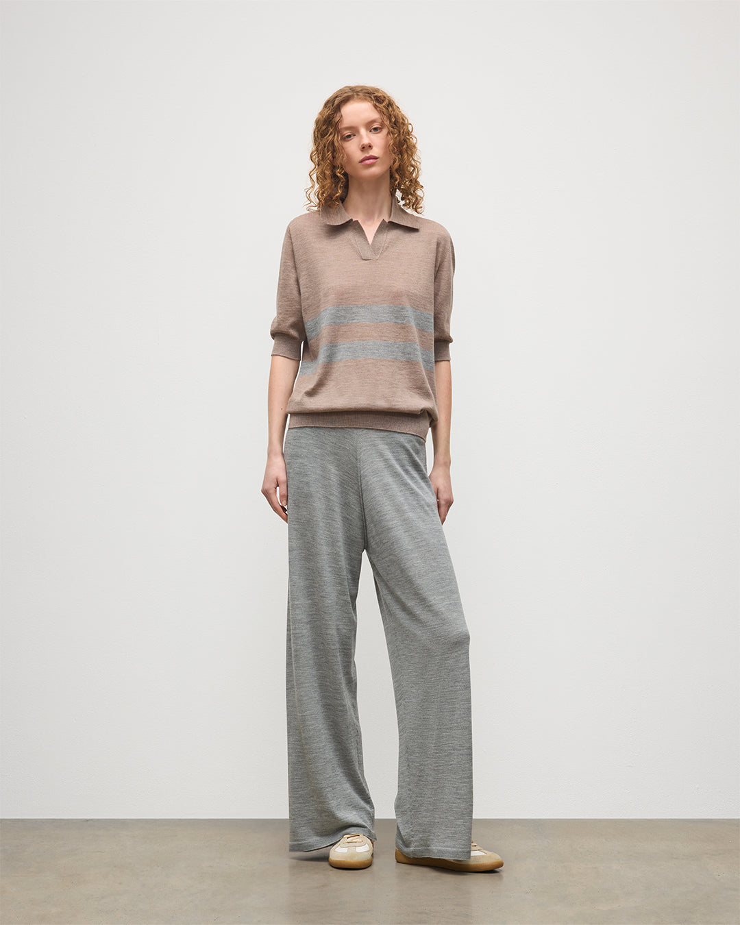 JOHNSTONS OF ELGIN WOMENS COIRA SHORT SLEEVE SHIRT BROWN & GREY 100% SUPERFINE CASHMERE KAI05714Q25956