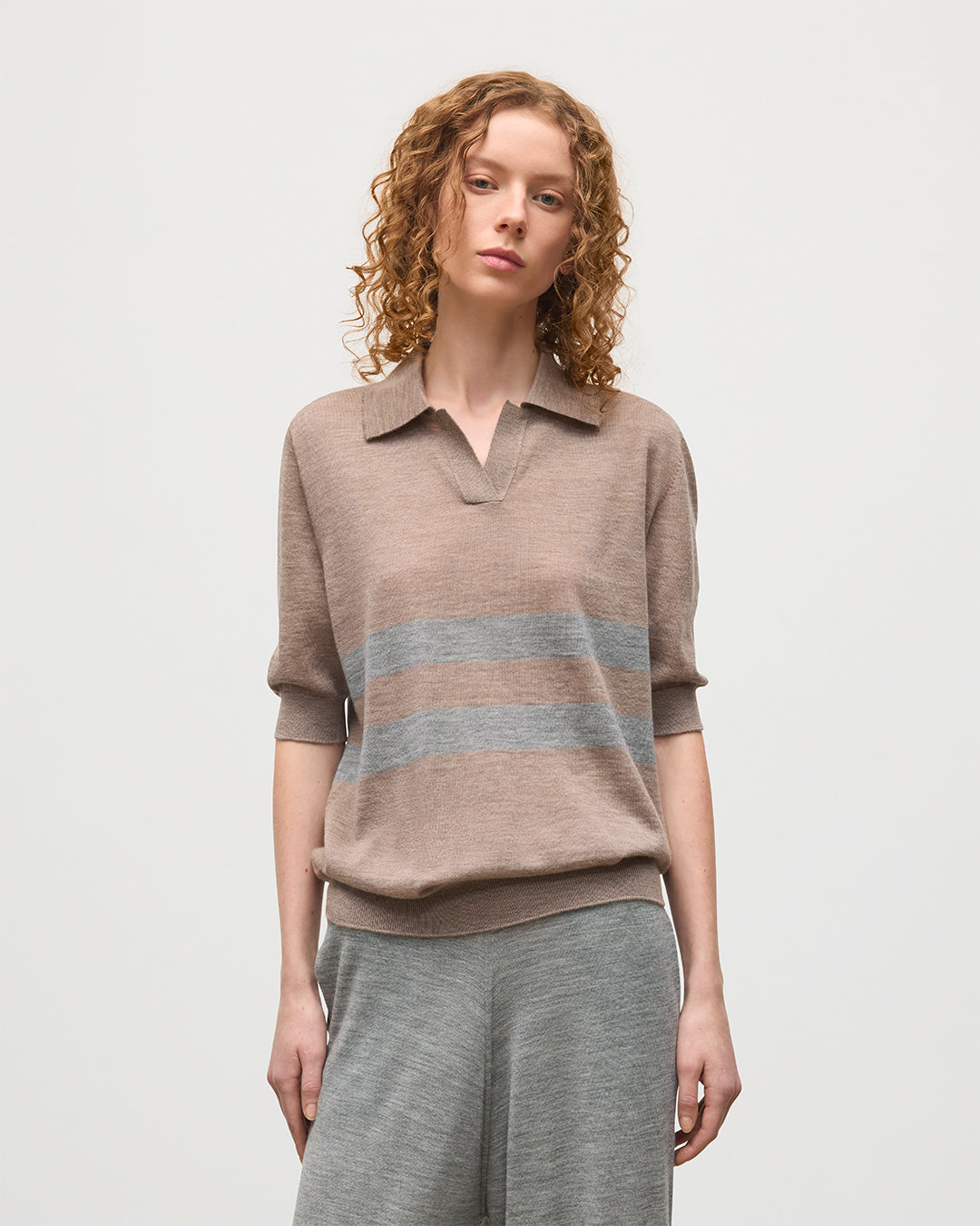 JOHNSTONS OF ELGIN WOMENS COIRA SHORT SLEEVE SHIRT BROWN & GREY 100% SUPERFINE CASHMERE KAI05714Q25956