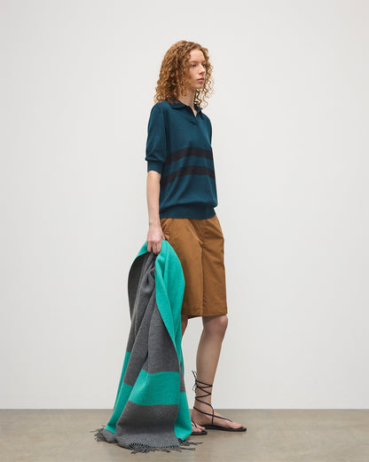 JOHNSTONS OF ELGIN WOMENS COIRA SHORT SLEEVE SHIRT GREEN & BLACK 100% SUPERFINE CASHMERE WITH CASHMERE STRIPE BLANKET IN GREEN AND GREY  KAI05714Q25997