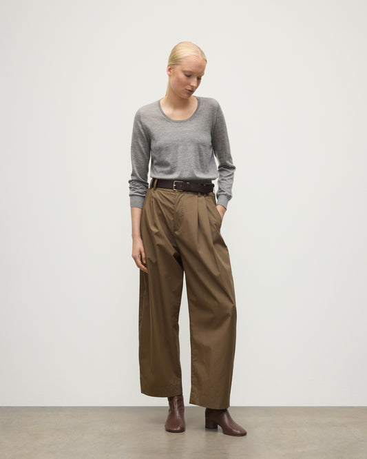 MODEL WEAR JOHNSTONS OF ELGIN WOMENS ELLA SCOOP SWEATER GREY WITH BROWN WIDE LEG TROUSERS AND BROWN BOOTS KAI05723HA4253