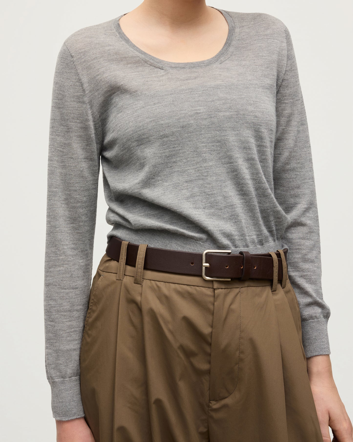MODEL WEAR JOHNSTONS OF ELGIN WOMENS ELLA SCOOP SWEATER GREY WITH BROWN WIDE LEG TROUSERS  KAI05723HA4253