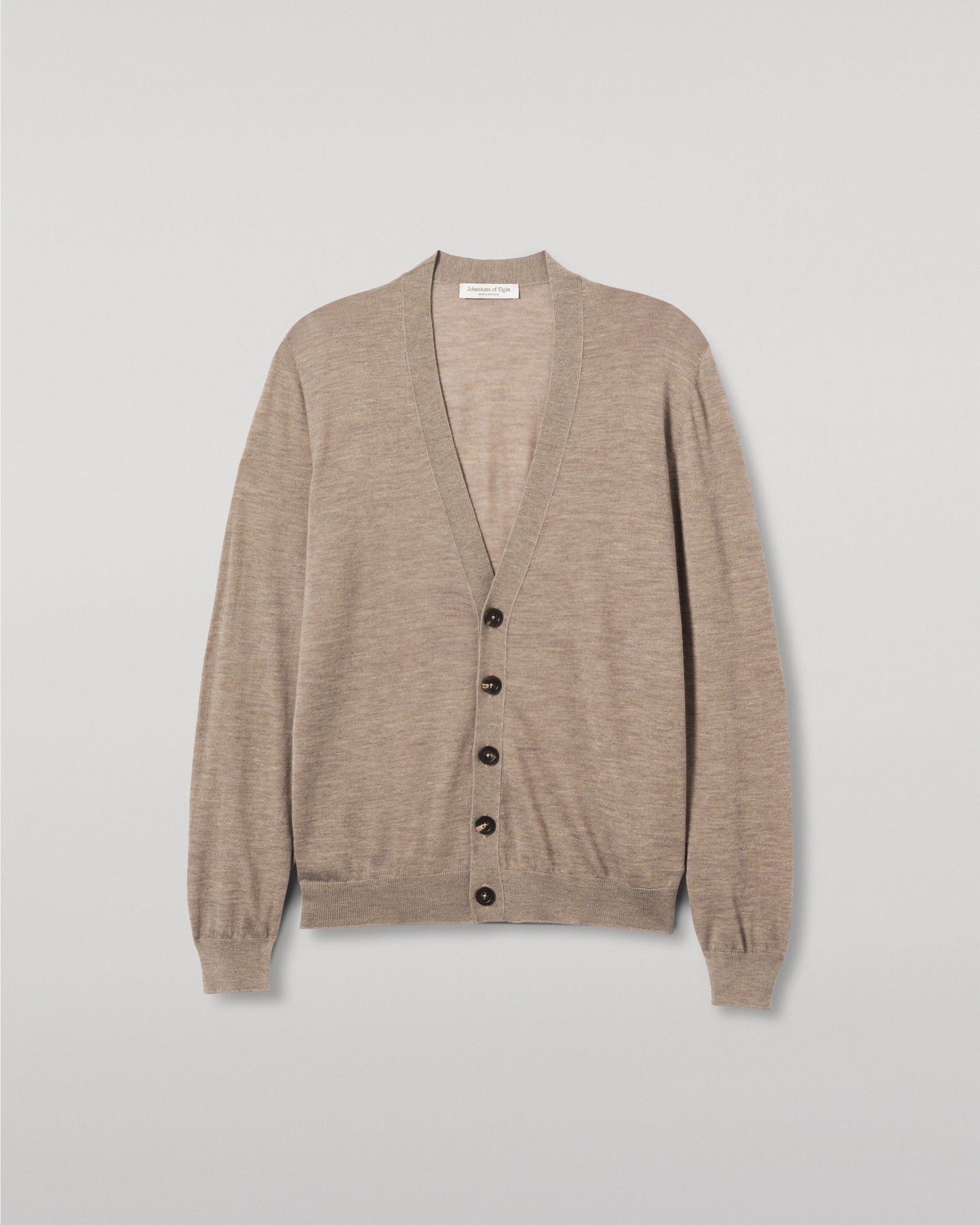 JOHNSTONS OF ELGIN FORSYTH SUPERFINE VEE NECK CARDIGAN LIGHT BROWN KAI05740HB0273