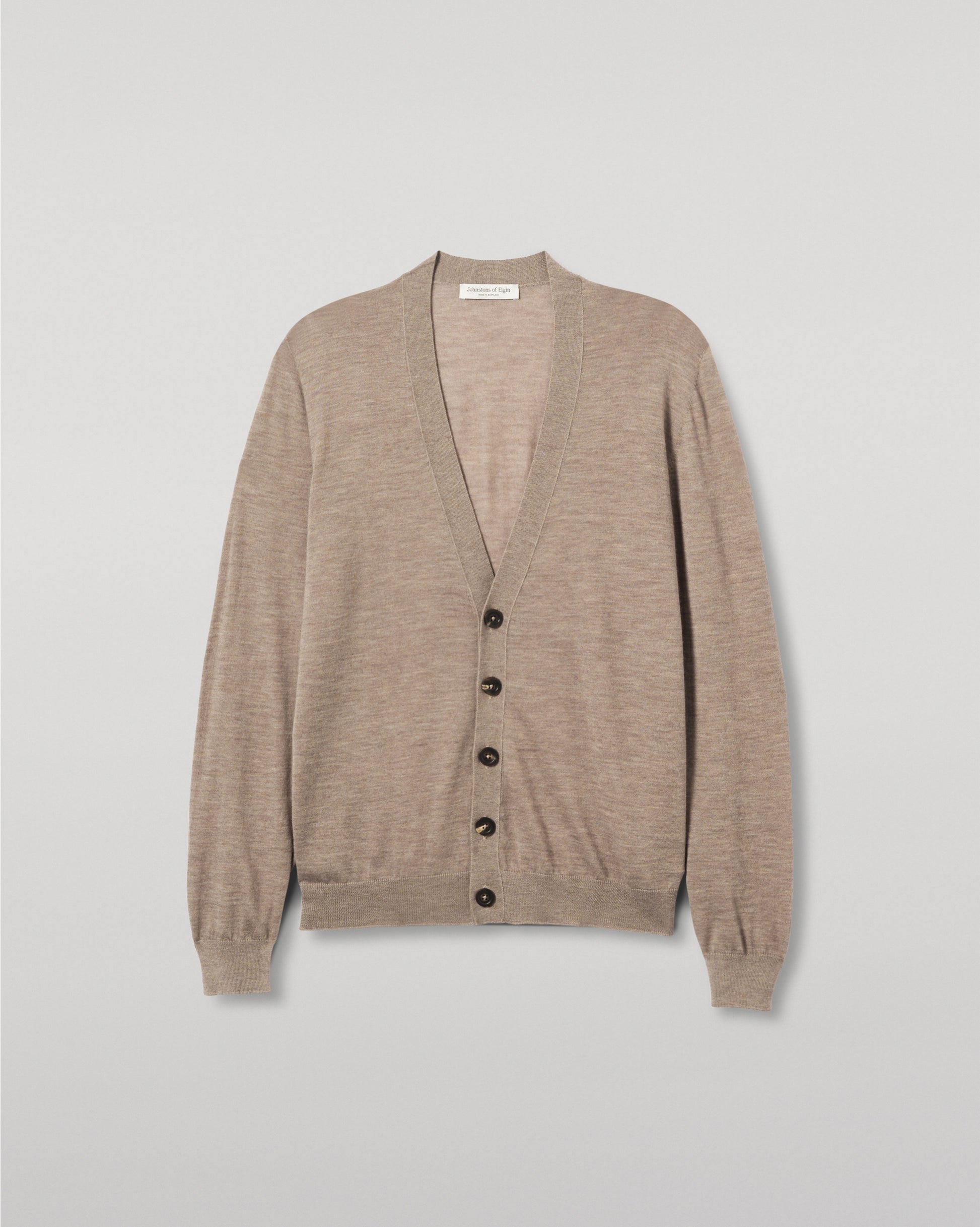 JOHNSTONS OF ELGIN FORSYTH SUPERFINE VEE NECK CARDIGAN LIGHT BROWN KAI05740HB0273