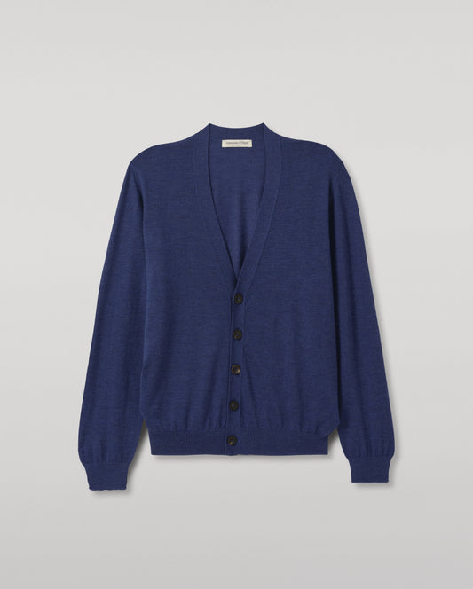 JOHNSTONS OF ELGIN FORSYTH CARDIGAN SUPERFINE CASHMERE VEE NECK CARDIGAN - 3 PLY BLUE 100% CASHMERE WITH HELMINA BLUE SCARF KAI05740HD4509