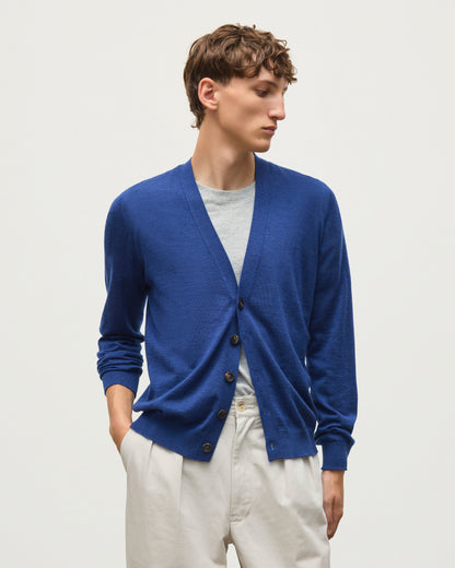 JOHNSTONS OF ELGIN FORSYTH CARDIGAN SUPERFINE CASHMERE VEE NECK CARDIGAN - 3 PLY BLUE 100% CASHMERE WITH HELMINA BLUE SCARF KAI05740HD4509