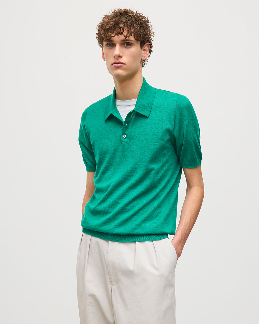 JOHNSTONS OF ELGIN MENS FIN SHORT SLEEVE SUPERFINE POLOSHIRT GREEN 100% SUPERFINE CASHMERE KAI05741SC4714