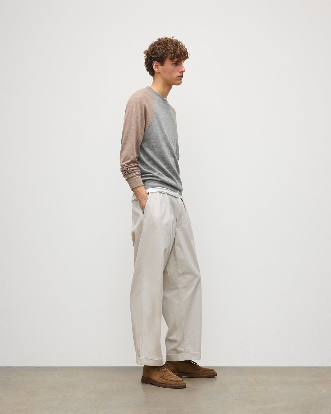 JOHNSTONS OF ELGIN MENS LEITH RINGER SUPERFINE SWEATER GREY & LIGHT BROWN 100% SUPERFINE CASHMERE KAI05746Q25933