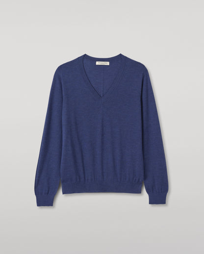 JOHNSTONS OF ELGIN BEATRICE VEE SWEATER SUPERFINE CASHMERE VEE NECK SWEATER WITH LINKS STITCH DETAIL - 3 PLY BLUE 100% CASHMERE KAI05972HD4509