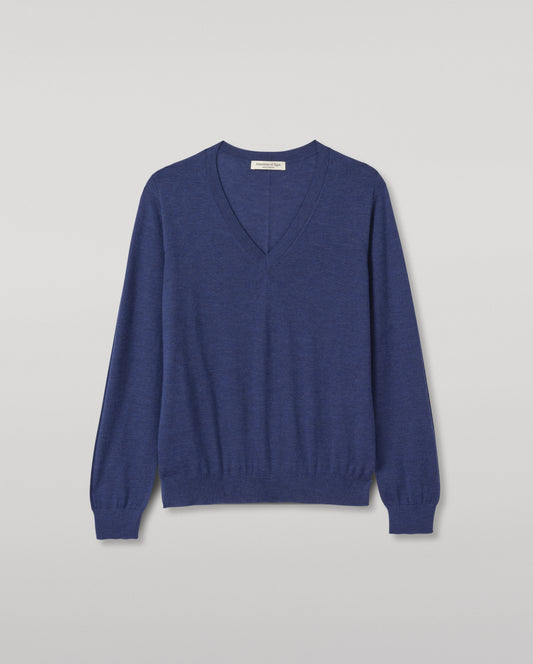 JOHNSTONS OF ELGIN BEATRICE VEE SWEATER SUPERFINE CASHMERE VEE NECK SWEATER WITH LINKS STITCH DETAIL - 3 PLY BLUE 100% CASHMERE KAI05972HD4509