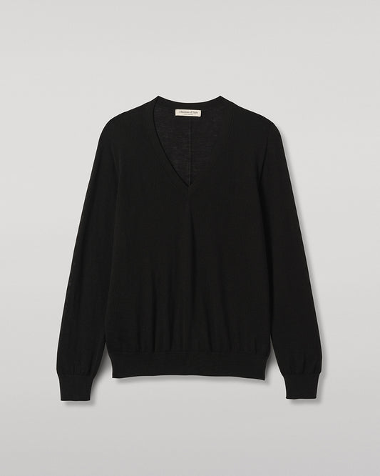 JOHNSTONS OF ELGIN BEATRICE VEE SWEATER SUPERFINE CASHMERE VEE NECK SWEATER WITH LINKS STITCH DETAIL - 3 PLY BLACK 100% CASHMERE KAI05972SA7146