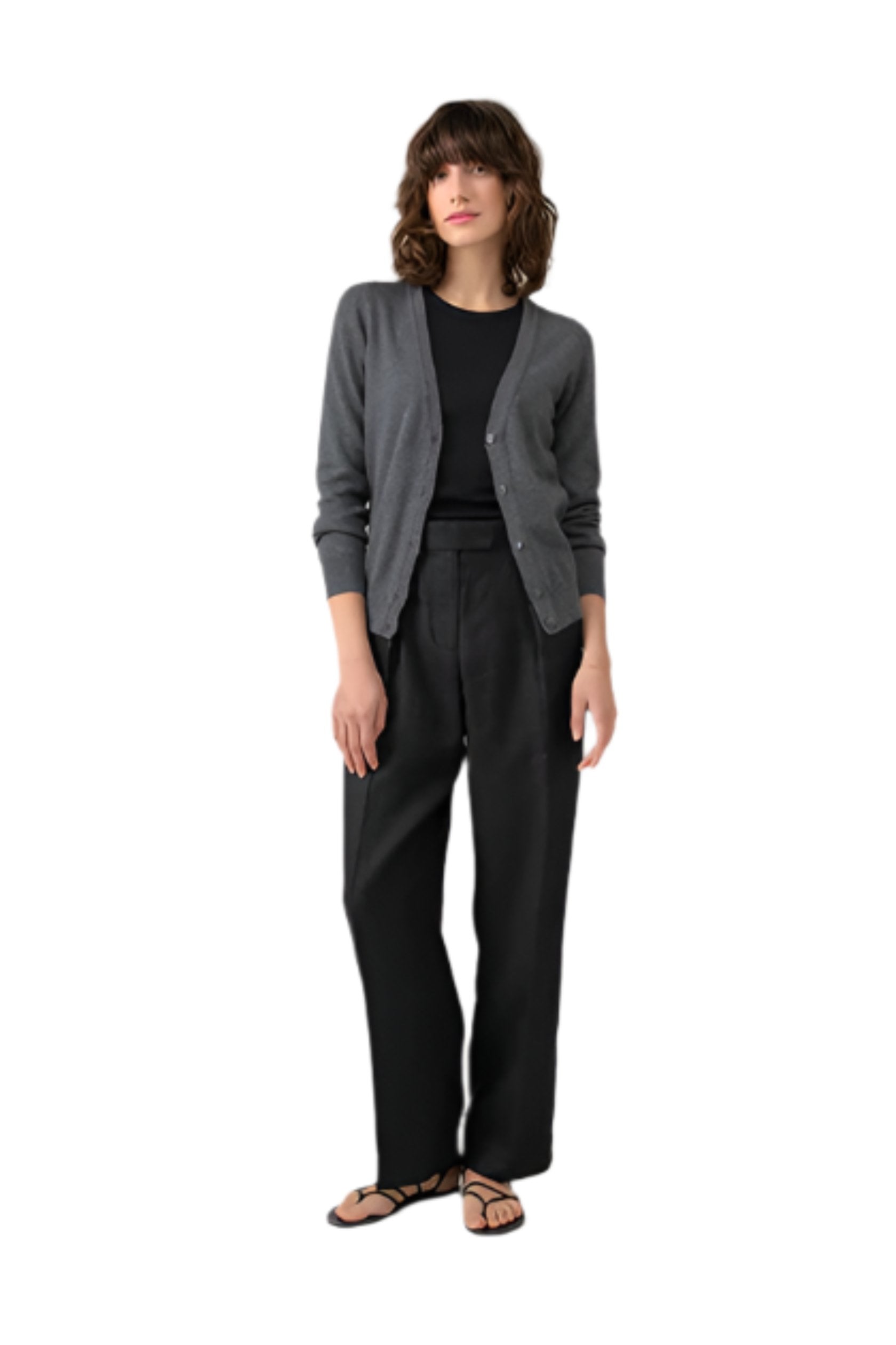 Johnstons of Elgin Women’s Cashmere V Cardigan in Dark Granite on a grey background KAP04508HA7424