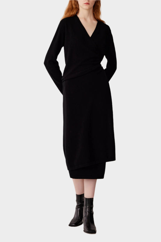 Johnstons of Elgin Ballet Wrap Cashmere Dress in Black on a white background KAP05047SA0900