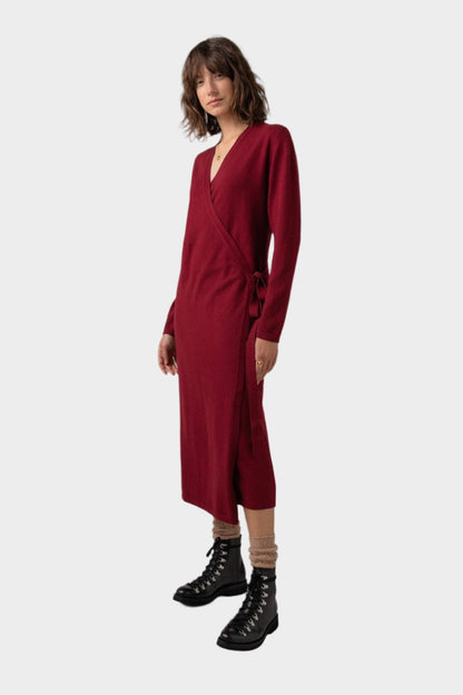 Johnstons of Elgin Ballet Wrap Cashmere Dress in Wine worn with Cashmere Socks & Shoes on a grey background KAP05047SE6162