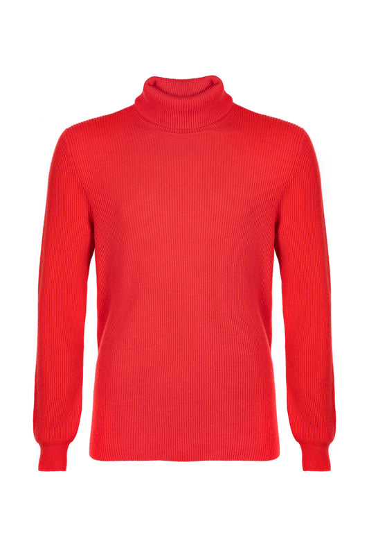 Johnstons of Elgin Men’s Ribbed Cashmere Roll Neck Jumper in Orkney Red KAP05107SE0661