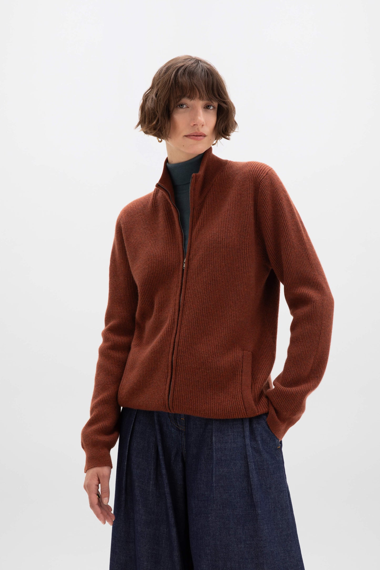 Johnstons of Elgin AW24 Unisex Knitwear Russet Unisex Ribbed Cashmere Cardigan KAP05157HE7051