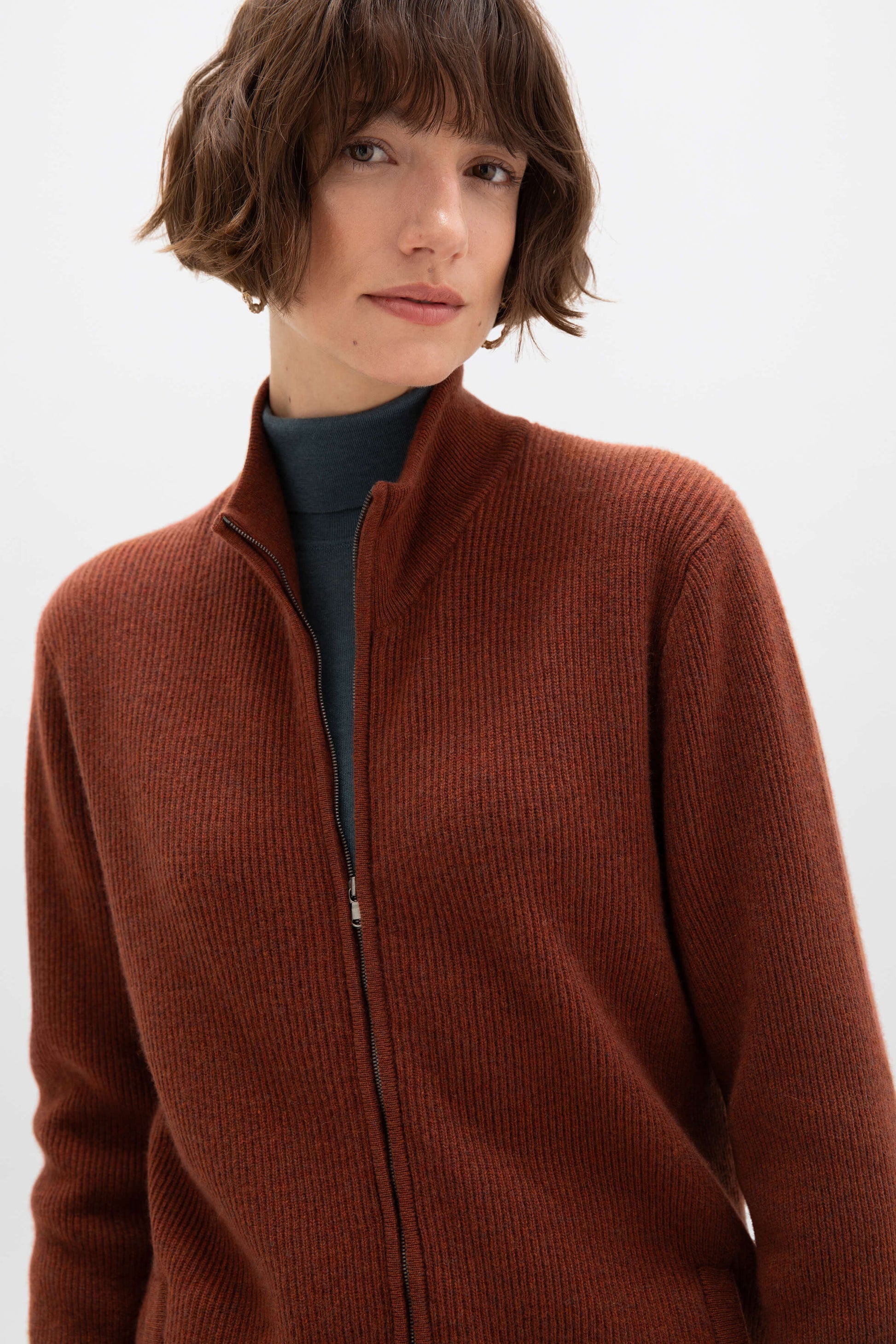 Johnstons of Elgin AW24 Unisex Knitwear Russet Unisex Ribbed Cashmere Cardigan KAP05157HE7051