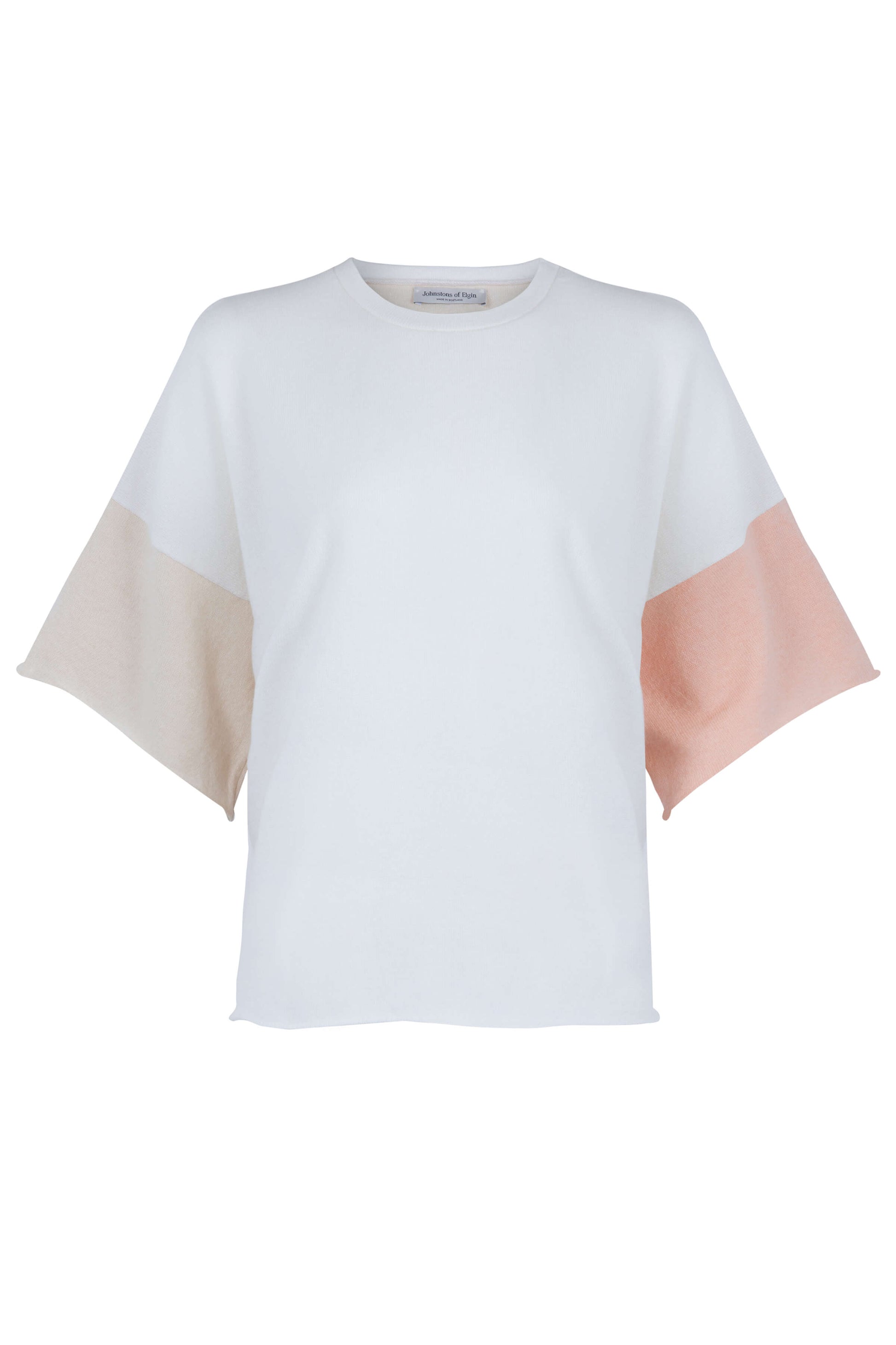 Johnstons of Elgin SS24 Women's Knitwear Luna White, Oyster & Champagne Colour Block Cashmere T-Shirt KAP05200Q24277