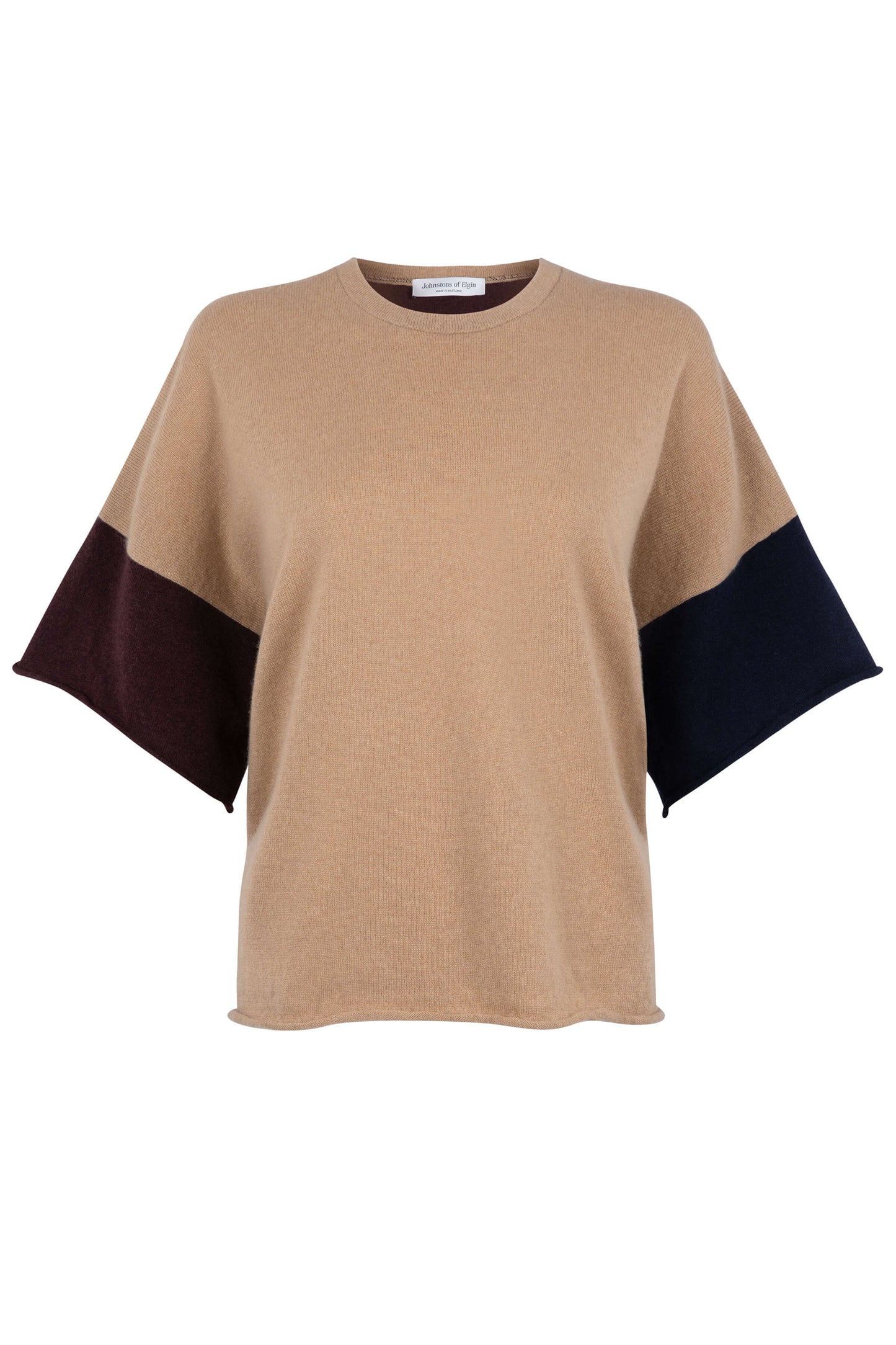 Johnstons of Elgin SS24 Women's Knitwear Camel, Dark Navy & Malt Colour Block Cashmere T-Shirt KAP05200Q24278