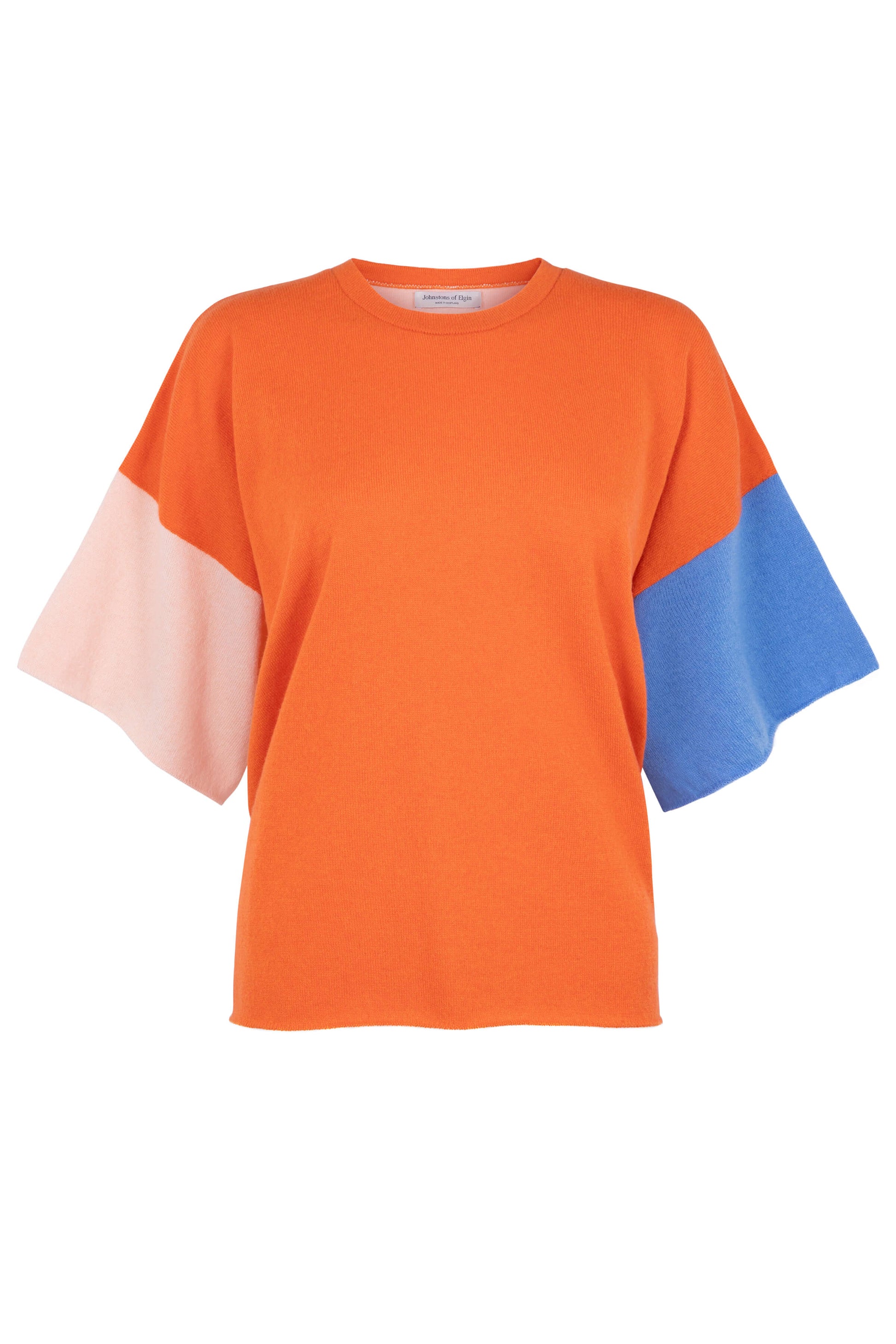 Johnstons of Elgin SS24 Women's Knitwear Firethorn Orange, Skye Blue & Oyster Colour Block Cashmere T-Shirt KAP05200Q24279