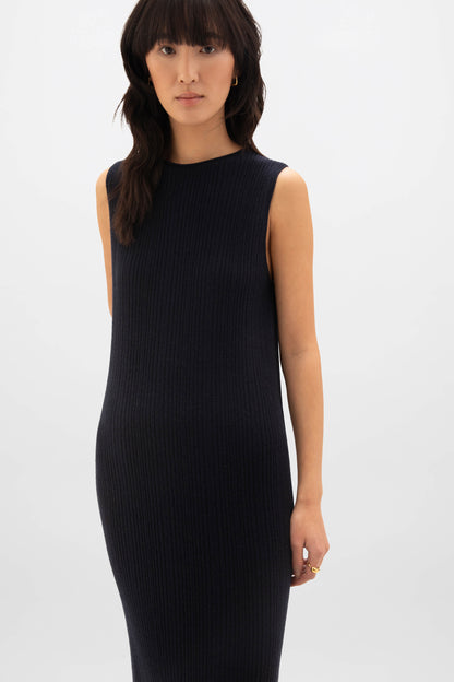 Johnstons of Elgin SS24 Women's Knitwear Dark Navy Sleeveless Ribbed Cashmere Dress KAP05204SD7286